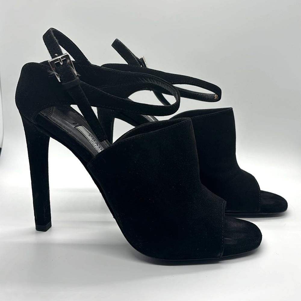 Prada Black Suede Open Toe Ankle Strap Sandal Heels Calzature Donna EU 36/ US 6